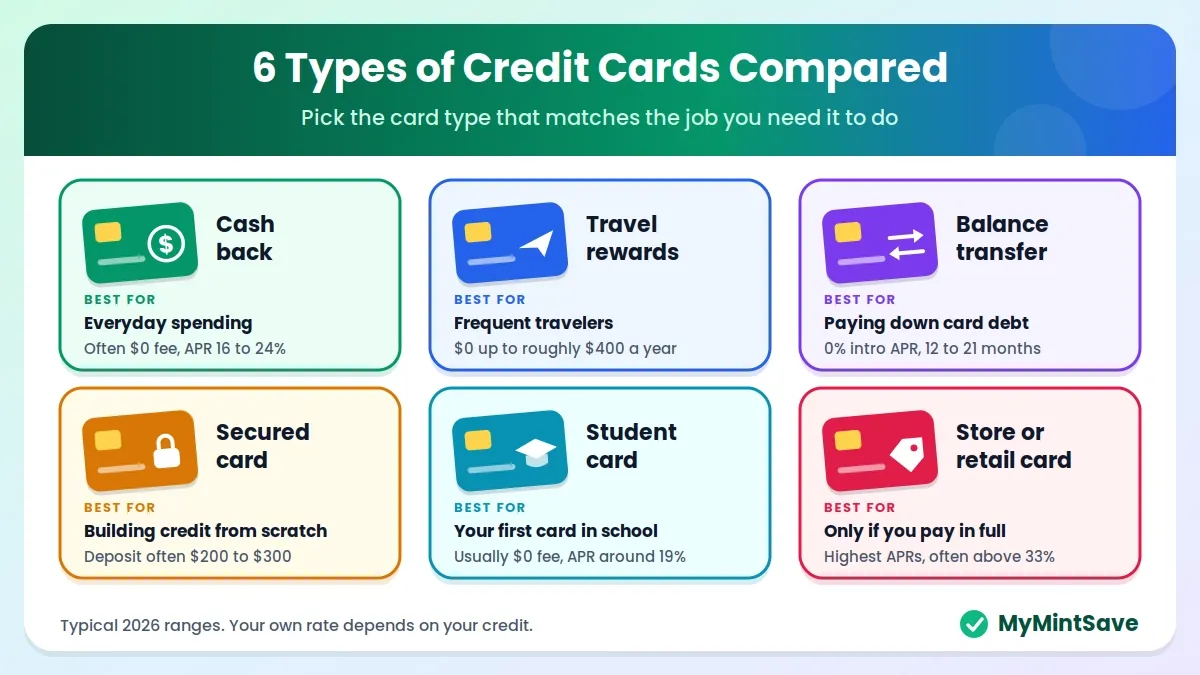 Six credit card types compared: cash back, travel rewards, balance transfer, secured, student and store cards.