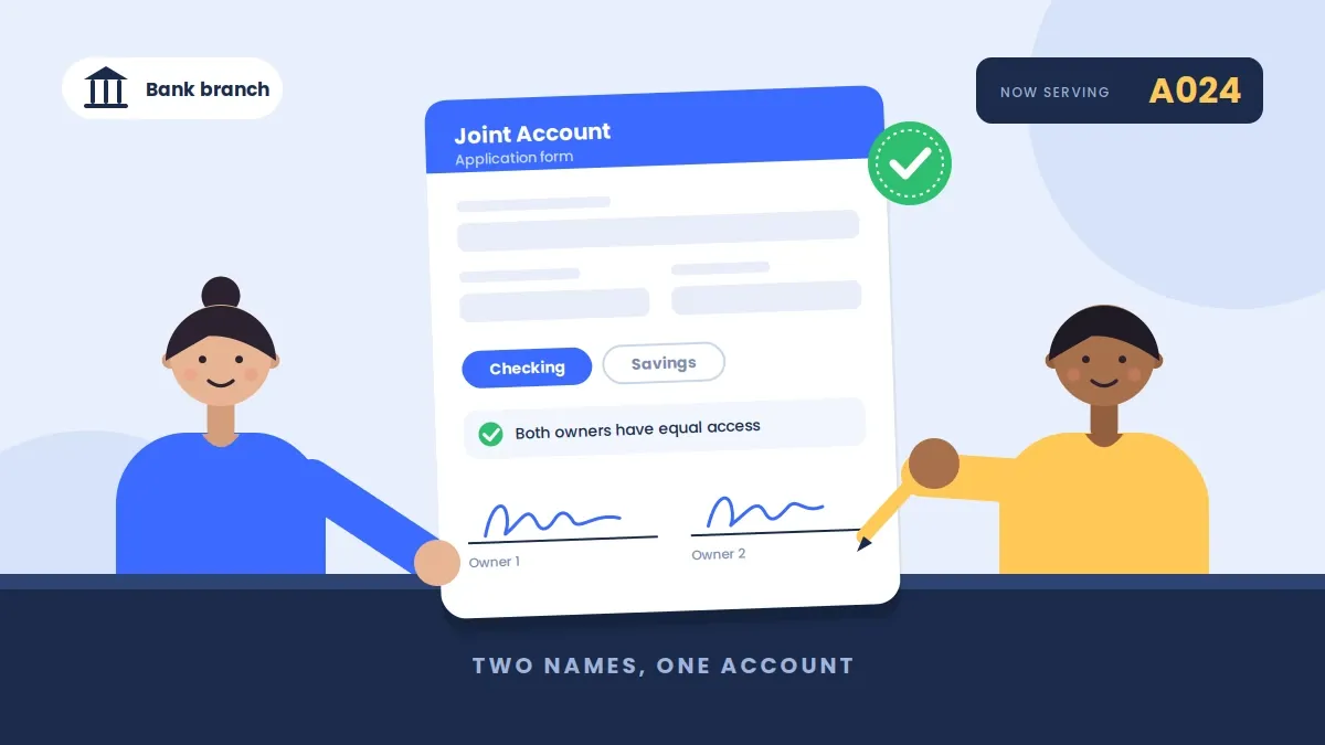 Two people signing joint bank account paperwork at a bank branch