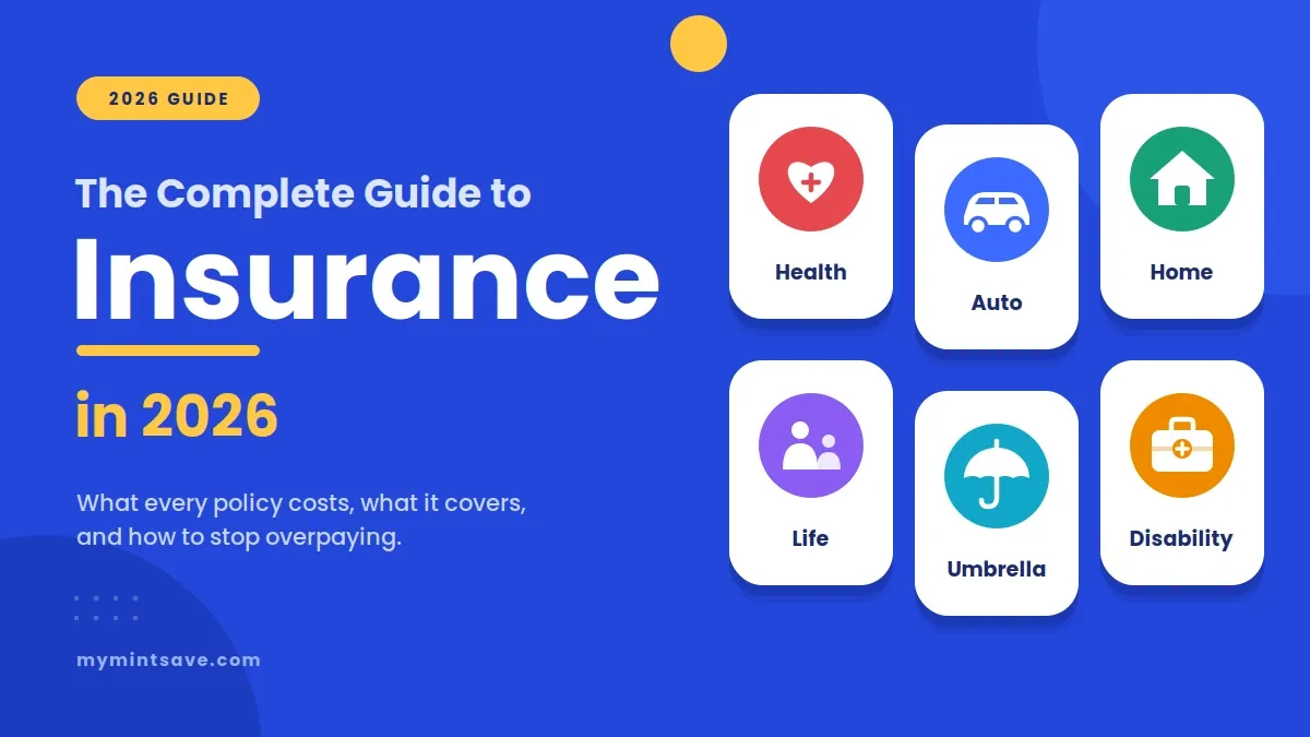 The Complete Guide to Insurance in 2026 cover graphic with icons for health, auto, home, life, umbrella and disability coverage