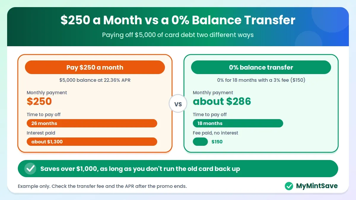Comparison of paying $250 a month at 22.36% versus a 0% balance transfer on a $5,000 balance.