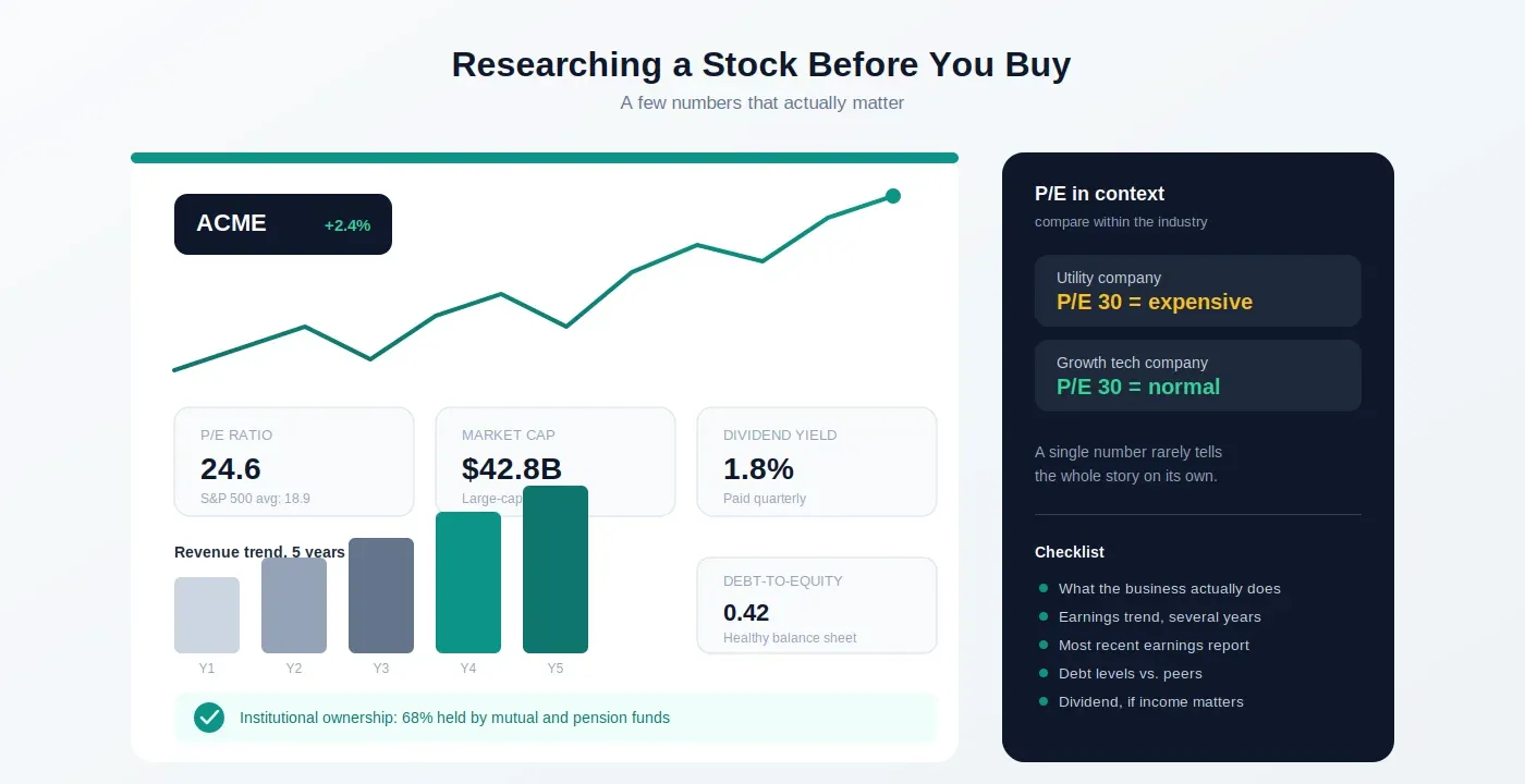 Beginner researching stock fundamentals and P/E ratio on a laptop